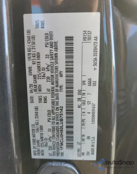 2020 Ford Escape Sel z USA, uszkodzony, nr VIN 1FMCU0H60LUB75142